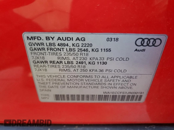 2018 Audi Q3 Premium with VIN WA1ECCFS7JR030191, listed as a Copart auction lot 52541035 with 82,903 mi miles and Salvage title. Bid and sale history available at DreamBid. Image 14.