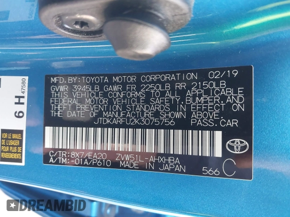 2019 Toyota Prius L Eco z VIN JTDKARFU2K3075756, wystawiony jako IAAI lot #41459946 z przebiegiem 75 382 mil mil oraz . Historia ofert i sprzedaży dostępna na DreamBid. Obrazek 9.