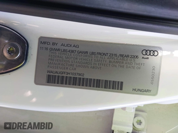 2017 Audi A3 Sedan Premium with VIN WAUAUGFF3H1037902, listed as a IAAI auction lot 42126759 with 155,425 mi miles. Bid and sale history available at carsss.com. Image 9.