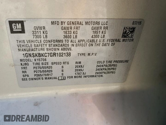 2016 Chevrolet Tahoe LT with VIN 1GNSKBKC7GR102138, listed as a Copart auction lot 57025525 with 165,439 mi miles and Salvage title. Bid and sale history available at DreamBid. Image 14.