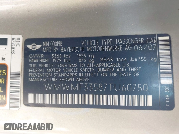2007 MINI Hardtop with VIN WMWMF33587TU60750, listed as a IAAI auction lot 40640995 with Not Provided miles and . Bid and sale history available at DreamBid. Image 9.