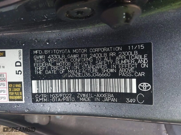 2016 Toyota Prius v Two with VIN JTDZN3EU3GJ046660, listed as a IAAI auction lot 41717659 with NaN miles. Bid and sale history available at carsss.com. Image 9.