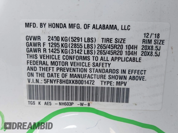 2019 Honda Passport Elite z VIN 5FNYF8H0XKB001472, wystawiony jako IAAI lot #42143890 z przebiegiem 98 119 mil mil oraz . Historia ofert i sprzedaży dostępna na DreamBid. Obrazek 9.