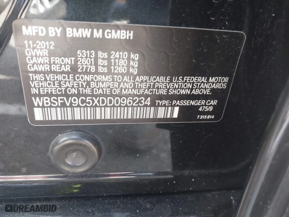 2013 BMW M5 with VIN WBSFV9C5XDD096234, listed as a IAAI auction lot 41498048 with 1 mi miles. Bid and sale history available at carsss.com. Image 9.
