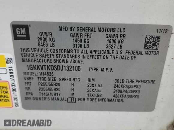 2013 GMC Acadia Denali with VIN 1GKKVTKD3DJ132105, listed as a Copart auction lot 51278235 with 176,429 mi miles and Salvage Title. Bid and sale history available at carsss.com. Image 13.