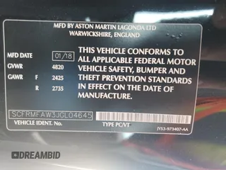 2018 Aston Martin DB11 V8 z VIN SCFRMFAW3JGL04645, wystawiony jako Copart lot #83042994 z przebiegiem Nie podano mil oraz Nie do naprawy. Historia ofert i sprzedaży dostępna na DreamBid. Obrazek 13.