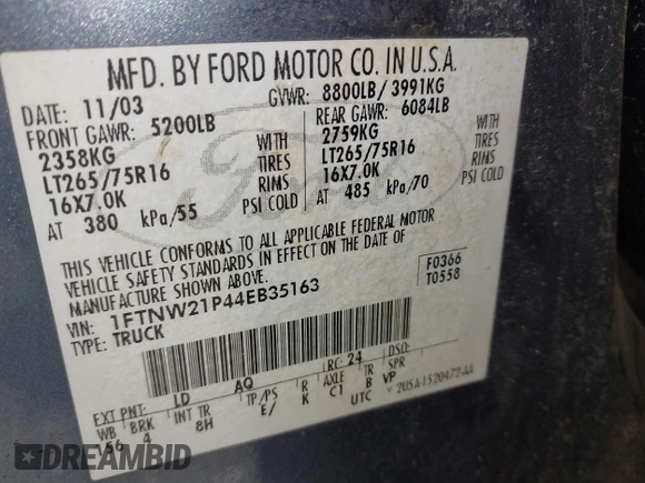2004 Ford F-250 XL with VIN 1FTNW21P44EB35163, listed as a IAAI auction lot 42489245 with 319,621 mi miles and . Bid and sale history available at DreamBid. Image 9.