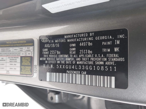 2016 Kia Optima EX with VIN 5XXGU4L33GG108511, listed as a IAAI auction lot 41355565 with 167,111 mi miles. Bid and sale history available at carsss.com. Image 9.