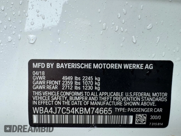 2019 BMW 4 Series 440i xDrive with VIN WBA4J7C54KBM74665, listed as a Copart auction lot 54988385 with 75,103 mi miles and Clean Title. Bid and sale history available at carsss.com. Image 10.