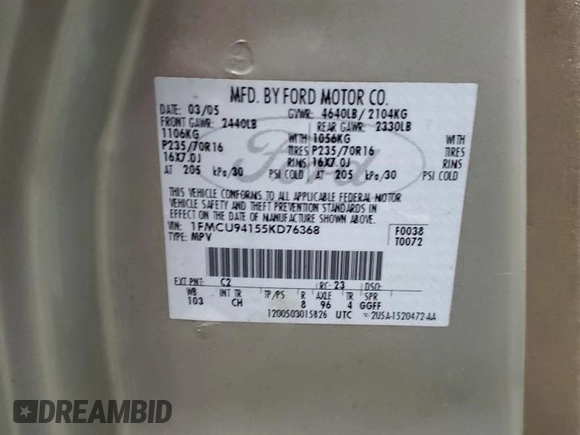 2005 Ford Escape Limited with VIN 1FMCU94155KD76368, listed as a Copart auction lot 45924365 with 191,285 mi miles and Clean title. Bid and sale history available at DreamBid. Image 14.
