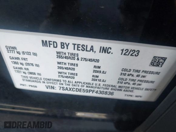 2023 Tesla Model X with VIN 7SAXCDE59PF430836, listed as a IAAI auction lot 41545267 with Not Provided miles and . Bid and sale history available at DreamBid. Image 9.