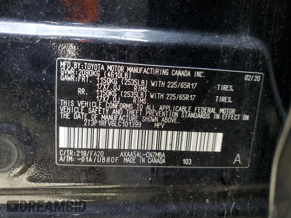 2020 Toyota RAV4 XLE with VIN 2T3P1RFV6LC101399, listed as a Copart auction lot 48256825 with 58,966 mi miles and Salvage Title. Bid and sale history available at DreamBid. Image 15.