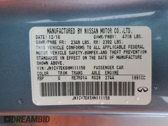 2017 Infiniti Q60 Premium with VIN JN1CV7EK6HM111158, listed as a Copart auction lot 48640105 with 75,043 mi miles and Salvage Title. Bid and sale history available at DreamBid. Image 12.
