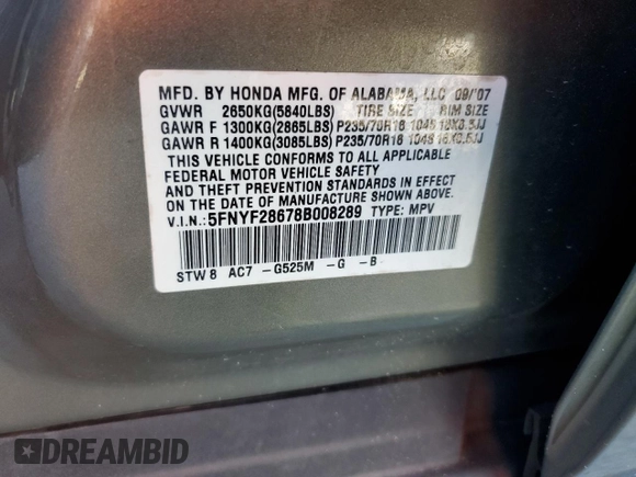 2008 Honda Pilot EX-L z VIN 5FNYF28678B008289, wystawiony jako Copart lot #82415224 z przebiegiem 150 475 mil mil oraz Szkoda całkowita • Salvage title. Historia ofert i sprzedaży dostępna na DreamBid. Obrazek 12.