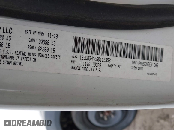 2011 Dodge Caliber Mainstreet with VIN 1B3CB3HA0BD113353, listed as a IAAI auction lot 41727663 with 116,633 mi miles and . Bid and sale history available at DreamBid. Image 9.