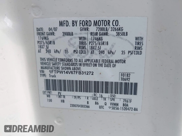2007 Ford F-150 XLT с VIN 1FTPW14V67FB31272, выставлен на аукционе IAAI как лот 42458624 с пробегом 199 580 миль миль и . История ставок и продаж доступна на DreamBid. Изображение 9.