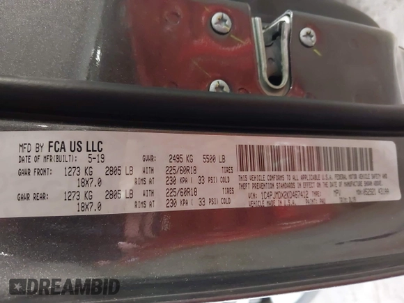 2019 Jeep Cherokee Limited with VIN 1C4PJMDX2KD467412, listed as a IAAI auction lot 42087391 with 106,168 mi miles and . Bid and sale history available at DreamBid. Image 9.