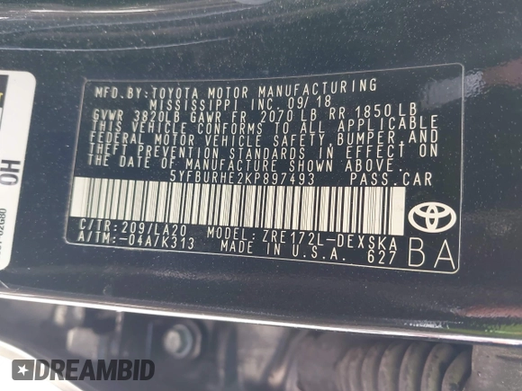 2019 Toyota Corolla L z VIN 5YFBURHE2KP897493, wystawiony jako IAAI lot #42052106 z przebiegiem 100 303 mil mil oraz . Historia ofert i sprzedaży dostępna na DreamBid. Obrazek 9.