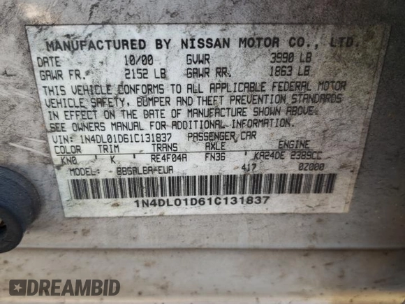 2001 Nissan Altima GXE with VIN 1N4DL01D61C131837, listed as a Copart auction lot 89074645 with 197,259 mi miles and Salvage Title. Bid and sale history available at carsss.com. Image 14.