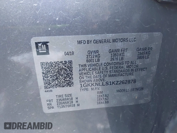 2019 GMC Acadia SLE z VIN 1GKKNLLS1KZ262878, wystawiony jako IAAI lot #40863657 z przebiegiem 79 402 mil mil oraz . Historia ofert i sprzedaży dostępna na DreamBid. Obrazek 9.
