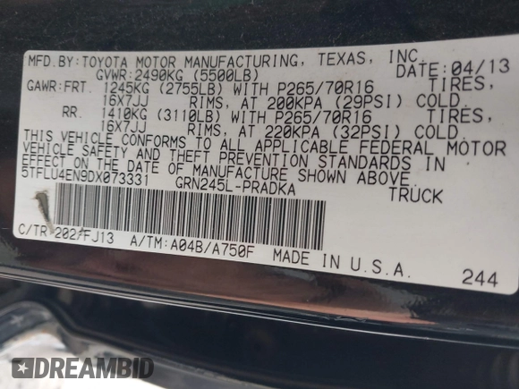 2013 Toyota Tacoma with VIN 5TFLU4EN9DX073331, listed as a IAAI auction lot 42123968 with 145,879 mi miles and . Bid and sale history available at DreamBid. Image 9.