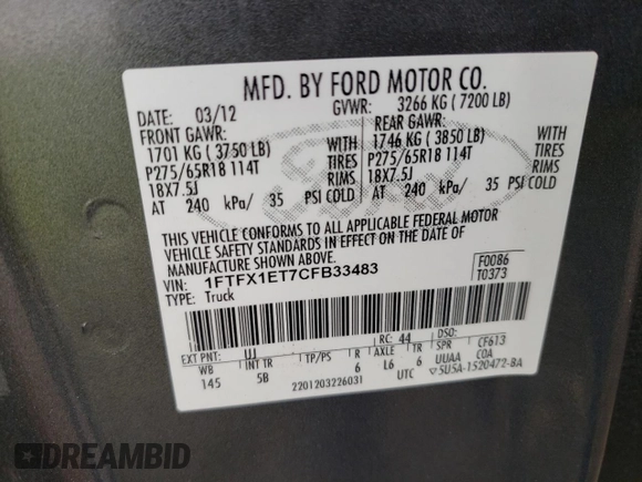 2012 Ford F-150 XL with VIN 1FTFX1ET7CFB33483, listed as a Copart auction lot 76513294 with 194,876 mi miles and Clean Title. Bid and sale history available at carsss.com. Image 12.