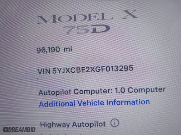 2016 Tesla Model X 70D with VIN 5YJXCBE2XGF013295, listed as a IAAI auction lot 41862736 with 96,190 mi miles. Bid and sale history available at carsss.com. Image 7.