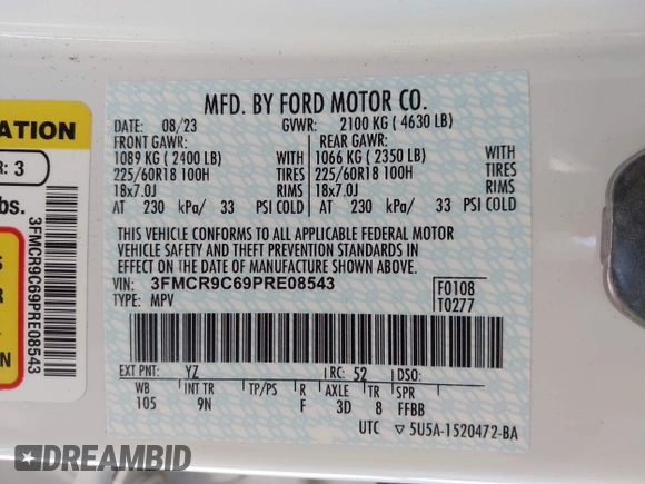 2023 Ford Bronco Sport Outer Banks z VIN 3FMCR9C69PRE08543, wystawiony jako IAAI lot #42086724 z przebiegiem 20 003 mil mil oraz . Historia ofert i sprzedaży dostępna na DreamBid. Obrazek 9.