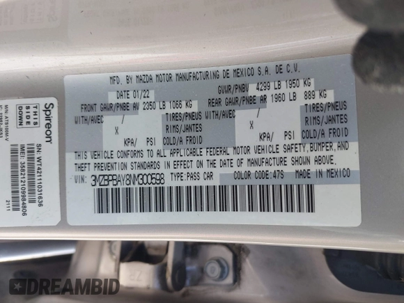 2022 Mazda 3 2.5 Turbo with VIN 3MZBPBAY8NM300598, listed as a IAAI auction lot 42569553 with 27,736 mi miles and . Bid and sale history available at DreamBid. Image 9.