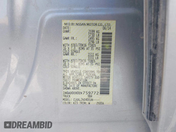 2014 Nissan Frontier SV with VIN 1N6AD0ER0EN759772, listed as a IAAI auction lot 41479252 with 153,630 mi miles and . Bid and sale history available at DreamBid. Image 9.