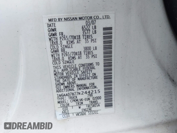 2007 Nissan Titan XE z VIN 1N6AA07B77N244215, wystawiony jako IAAI lot #41880030 z przebiegiem 138 405 mil mil oraz . Historia ofert i sprzedaży dostępna na DreamBid. Obrazek 9.