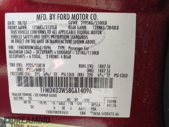 2008 Ford Taurus X Limited with VIN 1FMDK03W58GA14096, listed as a IAAI auction lot 42162760 with 122,347 mi miles and . Bid and sale history available at DreamBid. Image 9.