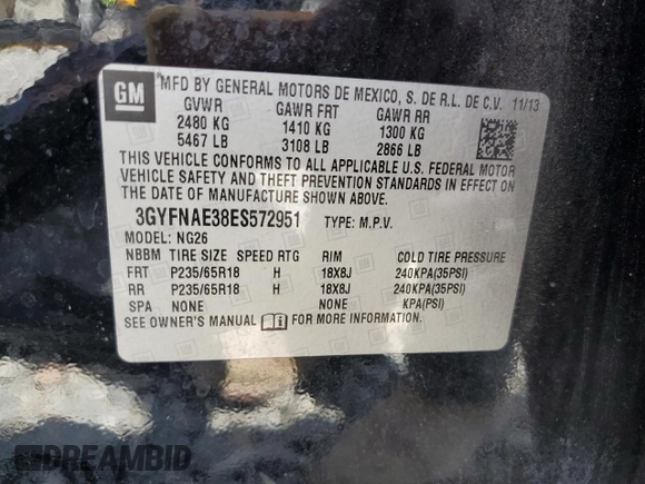 2014 Cadillac SRX with VIN 3GYFNAE38ES572951, listed as a Copart auction lot 53033685 with 104,204 mi miles and Salvage Title. Bid and sale history available at DreamBid. Image 14.
