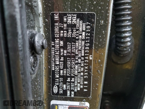 2011 Kia Sorento LX with VIN 5XYKT3A13BG112197, listed as a Copart auction lot 47756195 with 214,323 mi miles and Salvage Title. Bid and sale history available at carsss.com. Image 13.