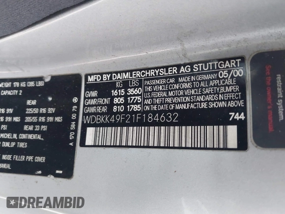 2001 Mercedes-Benz SLK 230 Kompressor with VIN WDBKK49F21F184632, listed as a IAAI auction lot 41746350 with 130,281 mi miles and . Bid and sale history available at DreamBid. Image 9.