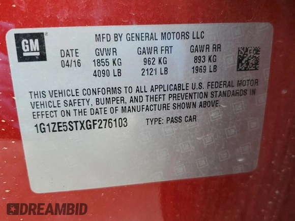 2016 Chevrolet Malibu LT with VIN 1G1ZE5STXGF276103, listed as a Copart auction lot 49597535 with 145,472 mi miles and Salvage Title. Bid and sale history available at carsss.com. Image 14.