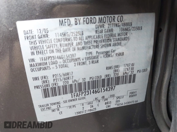 2006 Ford Five Hundred SE с VIN 1FAFP23146G154397, выставлен на аукционе IAAI как лот 42149486 с пробегом 156 008 миль миль и . История ставок и продаж доступна на DreamBid. Изображение 9.