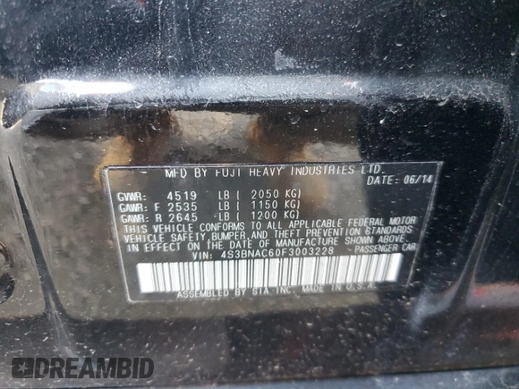 2015 Subaru Legacy 2.5i Premium with VIN 4S3BNAC60F3003228, listed as a Copart auction lot 51909485 with 42,048 mi miles and Salvage Title. Bid and sale history available at carsss.com. Image 12.