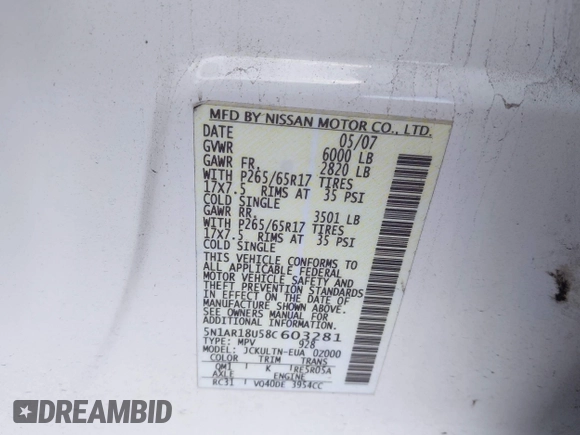 2008 Nissan Pathfinder LE with VIN 5N1AR18U58C603281, listed as a IAAI auction lot 42069265 with 111,813 mi miles and . Bid and sale history available at DreamBid. Image 9.