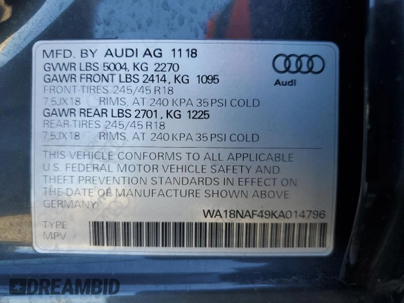 2019 Audi A4 allroad Premium Plus z VIN WA18NAF49KA014796, wystawiony jako Copart lot #48475705 z przebiegiem 50 294 mil mil oraz Szkoda całkowita • Salvage title. Historia ofert i sprzedaży dostępna na DreamBid. Obrazek 15.
