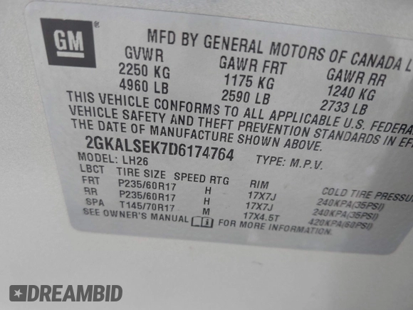 2013 GMC Terrain SLE with VIN 2GKALSEK7D6174764, listed as a IAAI auction lot 42250970 with 59,827 mi miles and . Bid and sale history available at DreamBid. Image 9.