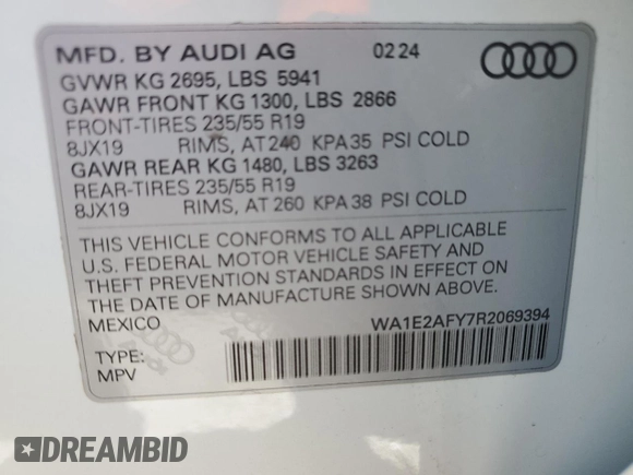 2024 Audi Q5 S line Premium Plus with VIN WA1E2AFY7R2069394, listed as a Copart auction lot 58247535 with 25,433 mi miles and Salvage title. Bid and sale history available at DreamBid. Image 13.