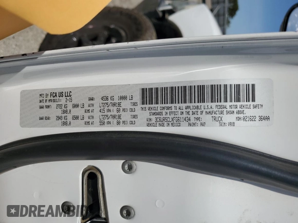 2015 Ram 2500 Tradesman with VIN 3C6UR5CLXFG611434, listed as a Copart auction lot 52173785 with 255,665 mi miles and Salvage title. Bid and sale history available at DreamBid. Image 12.