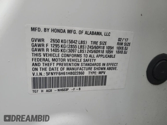2017 Honda Pilot EX-L z VIN 5FNYF6H61HB022860, wystawiony jako Copart lot #43279875 z przebiegiem 60 219 mil mil oraz Szkoda całkowita • Salvage title. Historia ofert i sprzedaży dostępna na DreamBid. Obrazek 14.