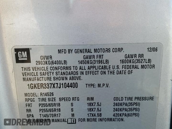 2007 GMC Acadia SLT z VIN 1GKER337X7J104400, wystawiony jako Copart lot #46266275 z przebiegiem 188 362 mil mil oraz Szkoda całkowita • Salvage title. Historia ofert i sprzedaży dostępna na DreamBid. Obrazek 14.