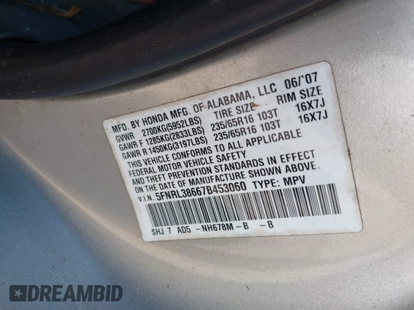 2007 Honda Odyssey EX-L z VIN 5FNRL38667B453060, wystawiony jako IAAI lot #42066637 z przebiegiem 184 439 mil mil oraz . Historia ofert i sprzedaży dostępna na DreamBid. Obrazek 9.