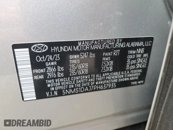 2023 Hyundai Santa Fe SE with VIN 5NMS1DAJ7PH637935, listed as a Copart auction lot 55407975 with 43,492 mi miles and Salvage title. Bid and sale history available at DreamBid. Image 13.