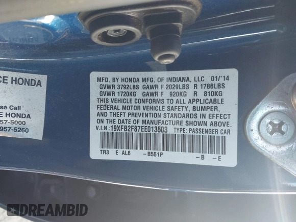2014 Honda Civic Sedan EX with VIN 19XFB2F87EE013503, listed as a IAAI auction lot 41700839 with 400,000 mi miles. Bid and sale history available at carsss.com. Image 9.