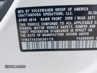 2016 Volkswagen Passat S with VIN 1VWAT7A32GC031172, listed as a IAAI auction lot 42231645 with 112,974 mi miles and . Bid and sale history available at DreamBid. Image 9.