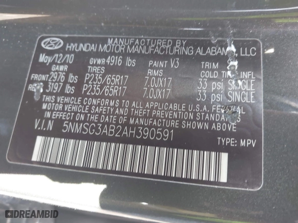 2010 Hyundai Santa Fe GLS with VIN 5NMSG3AB2AH390591, listed as a IAAI auction lot 42042117 with 240,875 mi miles. Bid and sale history available at carsss.com. Image 9.